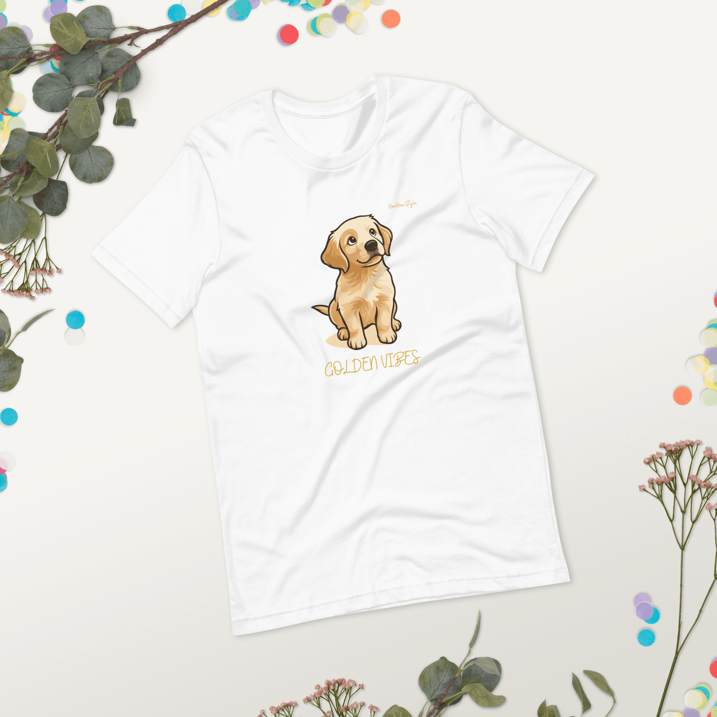 Koszulka Golden Vibes — dla Miłośników Psów z Dobrą Energią - T-Shirt dla miłośników psów - HauHau Style